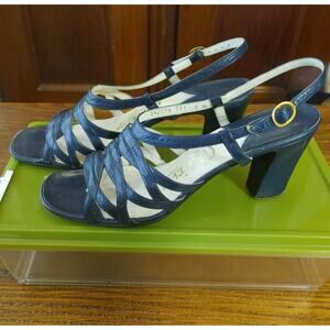 Luxe Retro Vintage Imported Mikelos Athens, Greece 8 N Navy Sandals Heels Chic